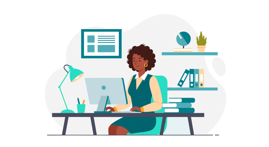 Graphic depicting a young woman working at her computer