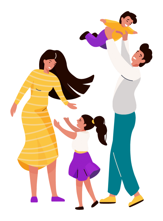 Illustration of a young family (mother, father, daughter, boy)
