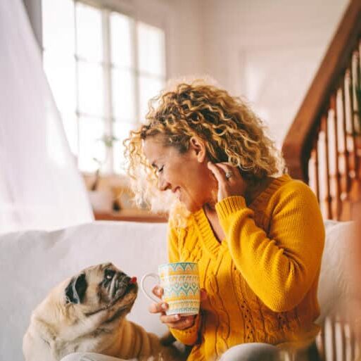 Adult female relaxes on a comfortable sofa at home while engaging with her beloved pug to share genuine comfort and unwavering support, reinforcing daily well-being and emotional balance throughout