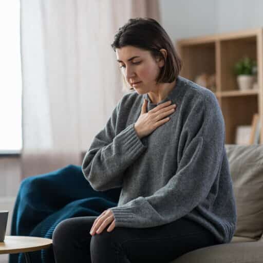 panic attack vs. heart attack - woman having trouble breathing or panic attack at home