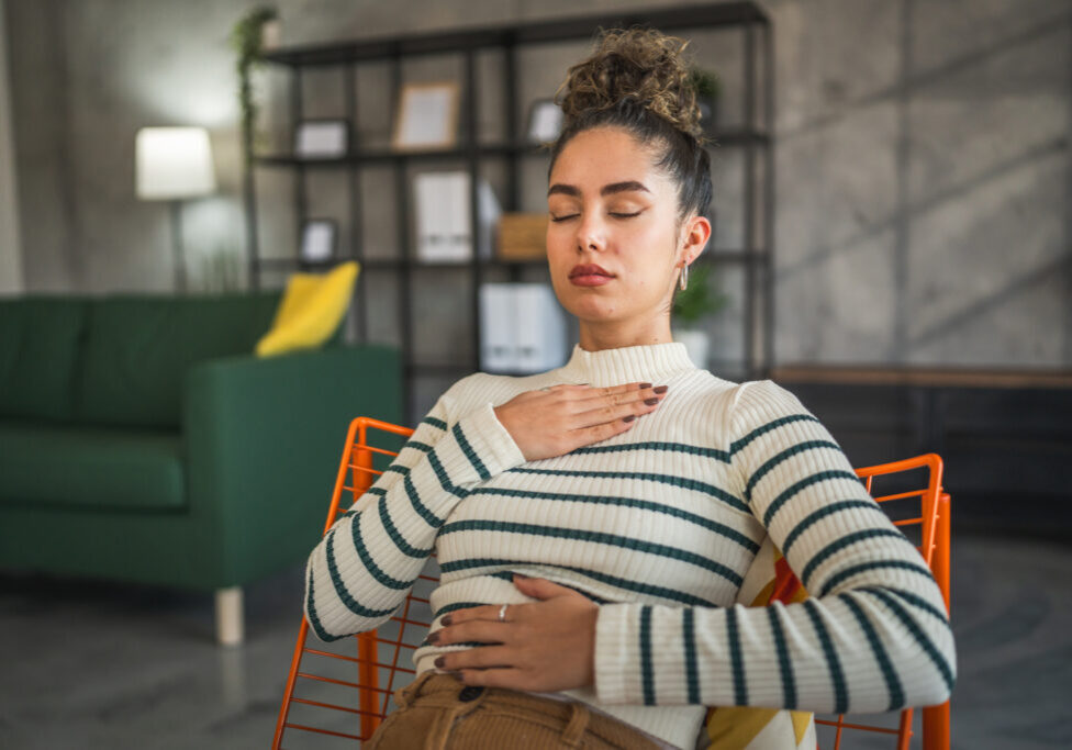 one woman meditate practice meditation at home self care concept stop panic attacks