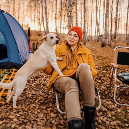 Woman with their dog camping in the woods on a beautiful autumn day
