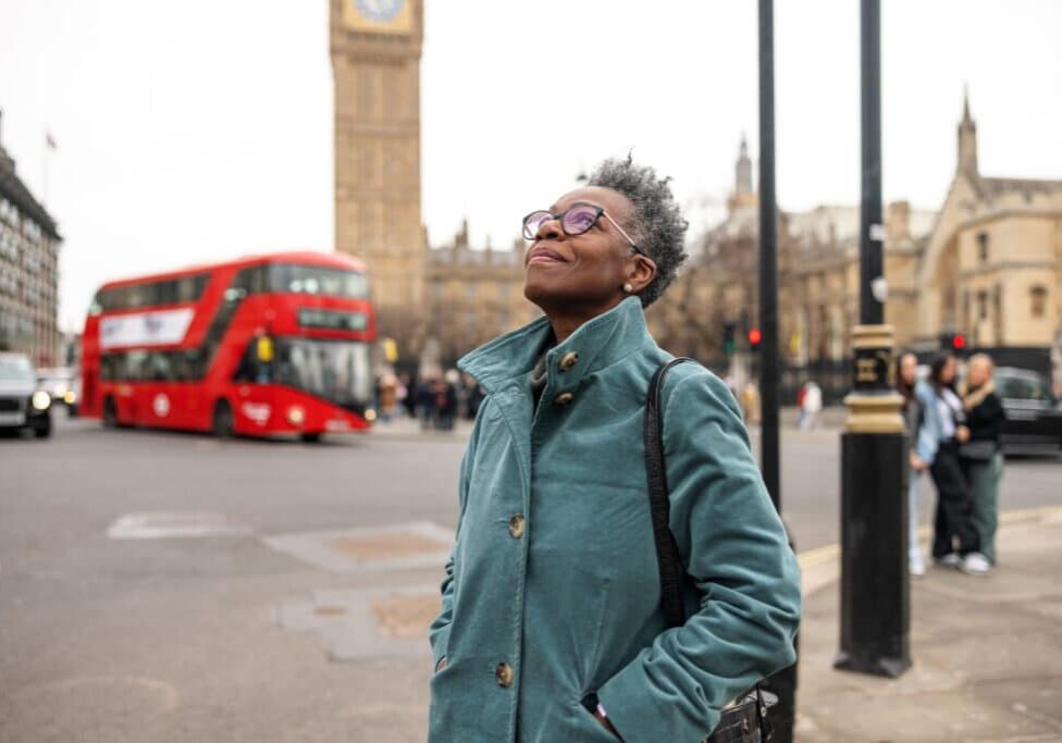Senior Adult Black Female Tourist Admiring London During Her Solo Trip