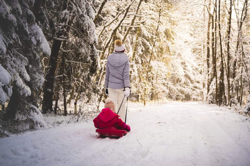 Mother pulling baby on a sled through winter forest.