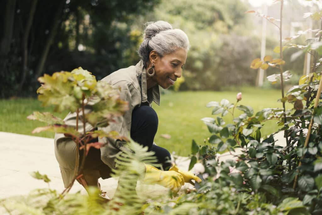 Side view of smiling senior woman crouching by plants. Happy retired female is gardening in back yard. She is wearing casuals.